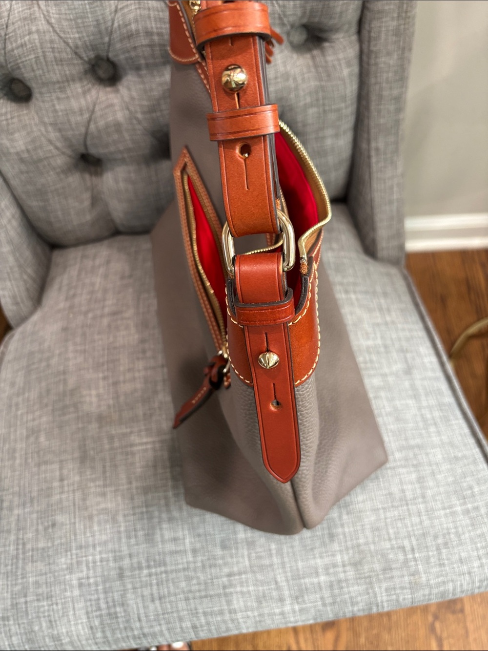 Dooney & Bourke Taupe Leather Shoulder Bag with Brown Trim - Picture 6 of 6